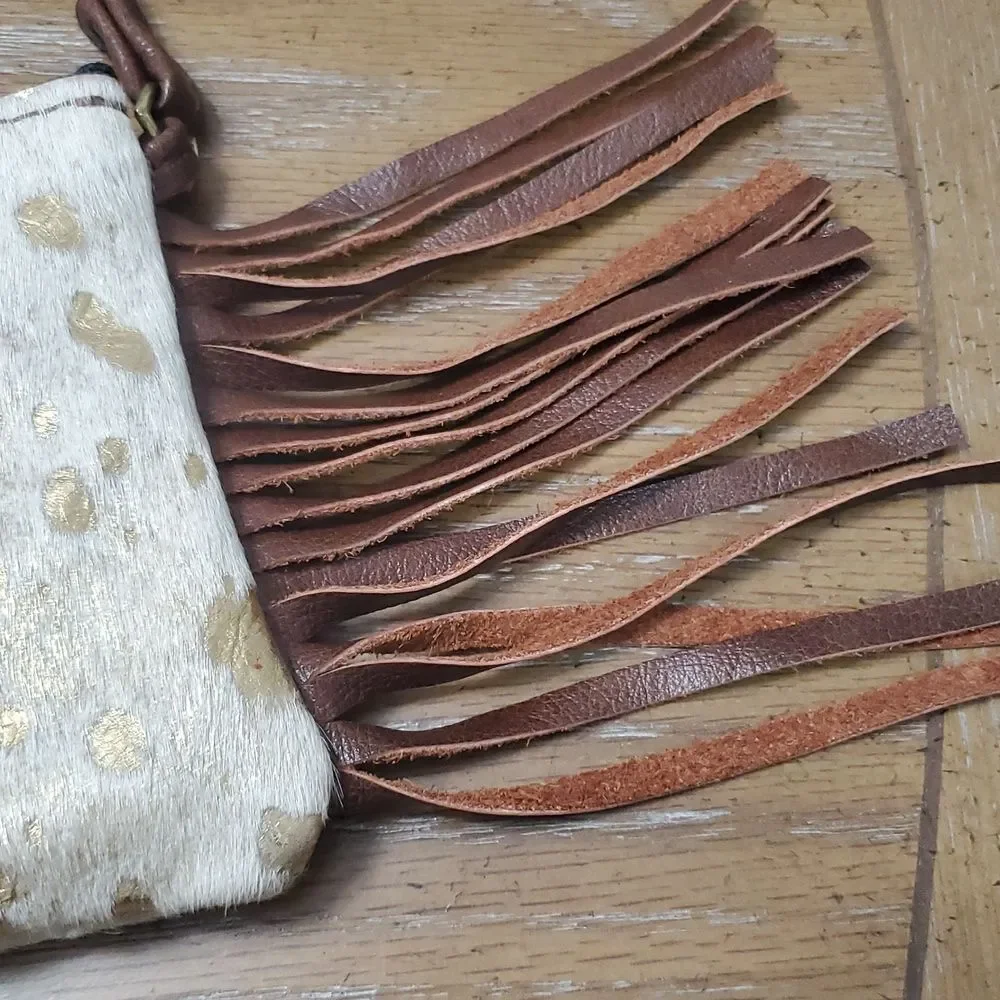 WILD GOOSE WOMEN'S HAIR ON HIDE LEATHER WRISTLET IVORY GOLD BROWN LEATHER FRINGE